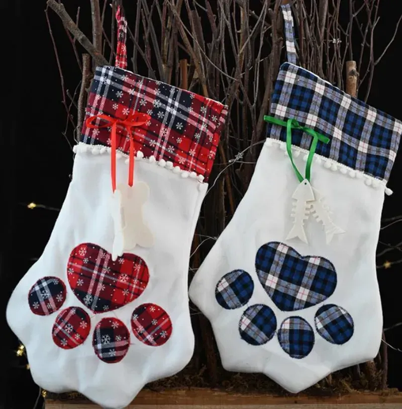 Christmas Stockings Animal Dog Cat Paw Gift Bag Monogrammed Candy Gift Stocking Christmas Tree Ornaments New Year Xmas Home Decoration YG882