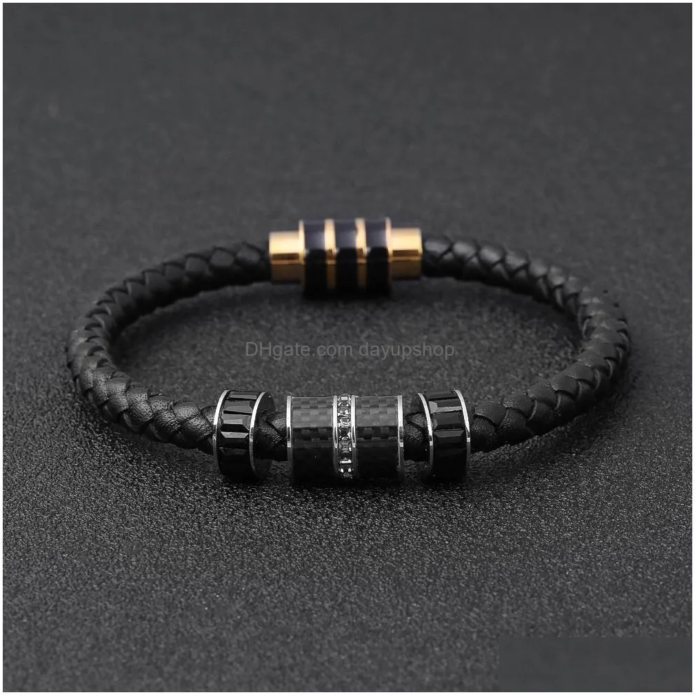 good lucky stainless steel charm bracelet black leather bracelets jewelry for lover gift