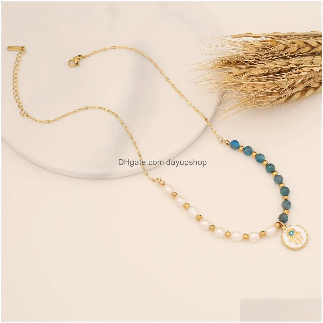 beautiful natural stone white pearl necklace fatima hand evil eye pendant necklaces bracelet earring jewelry