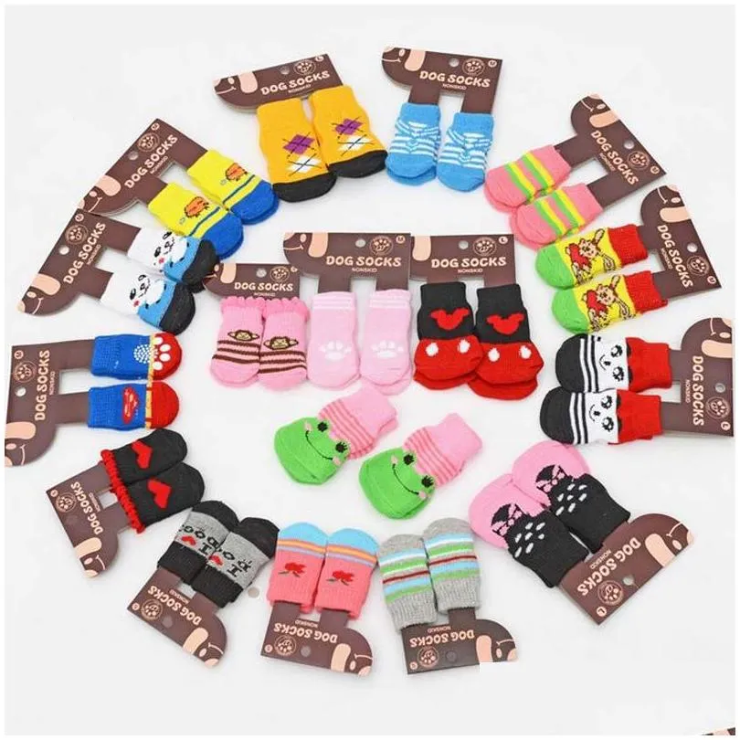  pet dog cat warm socks for winter cute puppy dogs soft cotton anti-slip knit weave sock dog cat socks clothes 4pcs/set