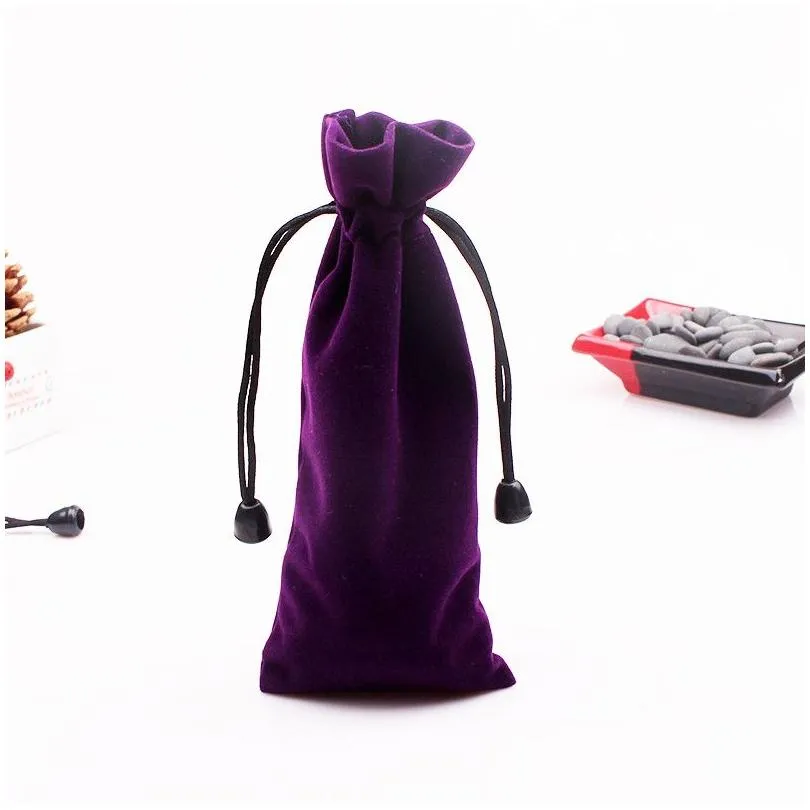 5pcs/lot Rectangle Shape Velvet Bags 7.5x18cm Jewelry Cosmetic Lipstick Packaging Pouches Purple And Black Drawstring Velvet Bag