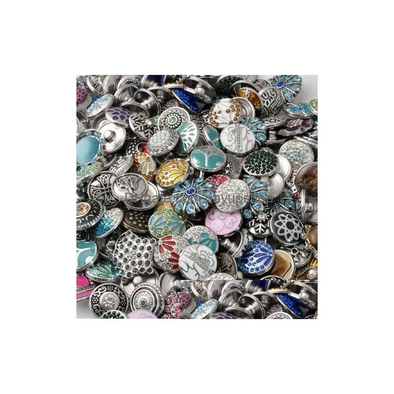 fashion 50pcs/lot mix many rhinestone styles metal clasps charm 18mm snap button bracelet for women diy jewelry gifts