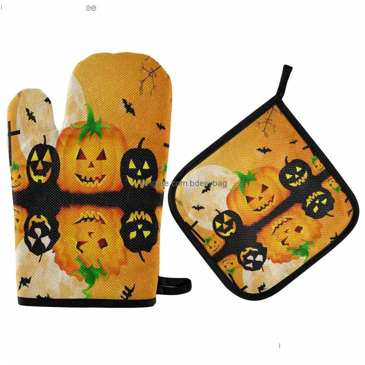 halloween jack oven gloves and pot rack set cartoon pumpkin heat resistant and non slip kitchen oven gloves heat pad z230810