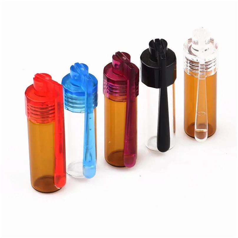 wholesale colorful 36mm 51mm travel size acrylic plastic bottle snuff snorter dispenser glass pill case vial container box with spoon