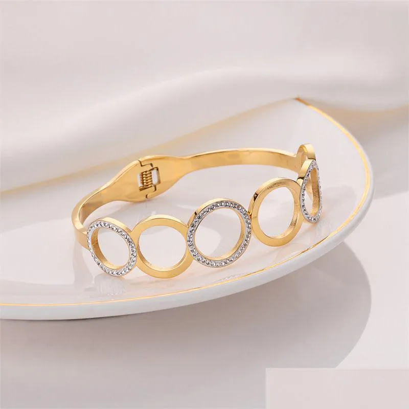 beautiful stainless steel micro pave hollow circle bangle bracelet for women