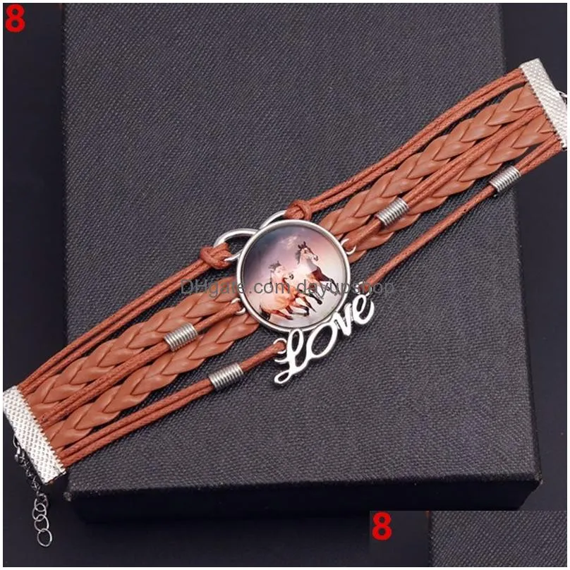 fashion 10pcs/lot leather horse snap bracelets vintage women jewelry charm pattern glass handmade woven multi-layer combination bangle