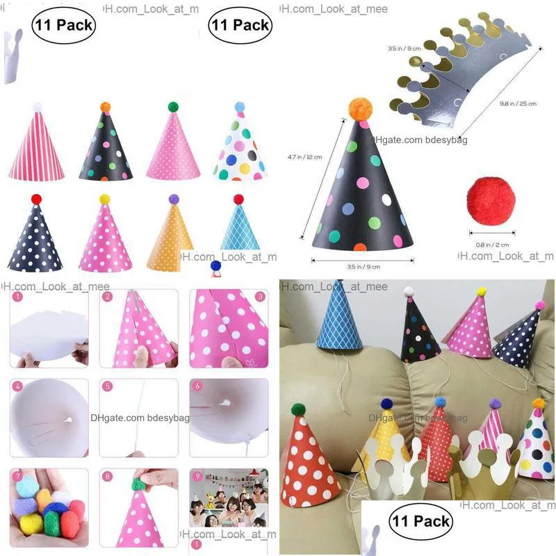 11 happy birthday party hats polka dot diy cute handmade hats crown shower baby decoration boys and girls gift supplies z230809