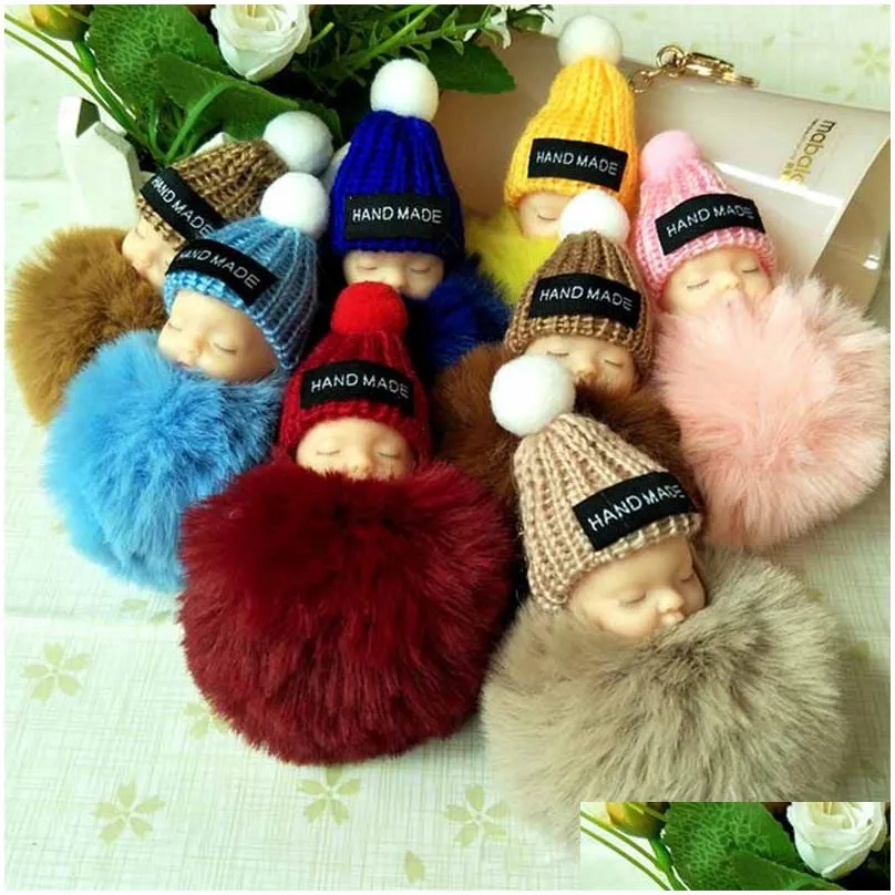 Sleeping Baby Doll Keychain Pom-pom Rabbit Fur Ball Keyring Women Key Holder Bag hangs Fashion jewelry