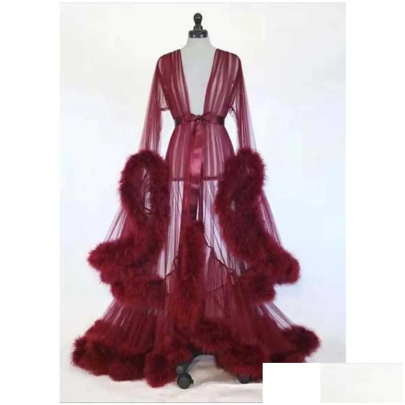 sexy women tulle maxi dress maternity feathers long sleeve for pography props summer beach front split clothing 210726