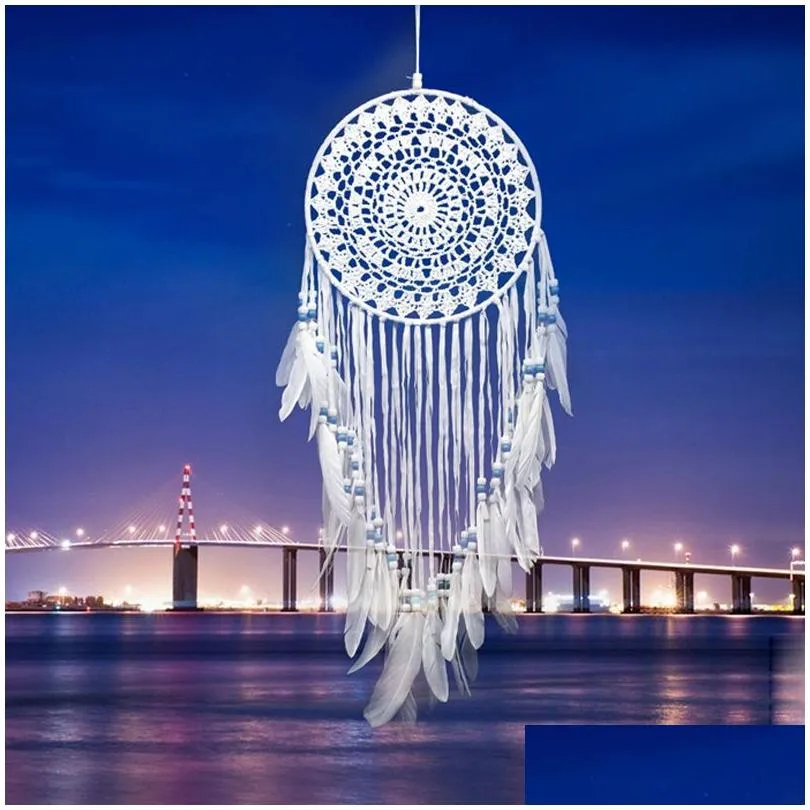 handmade lace dream catcher circular with feathers hanging decoration ornament craft gift clogheted white dreamcatcher wind chimes