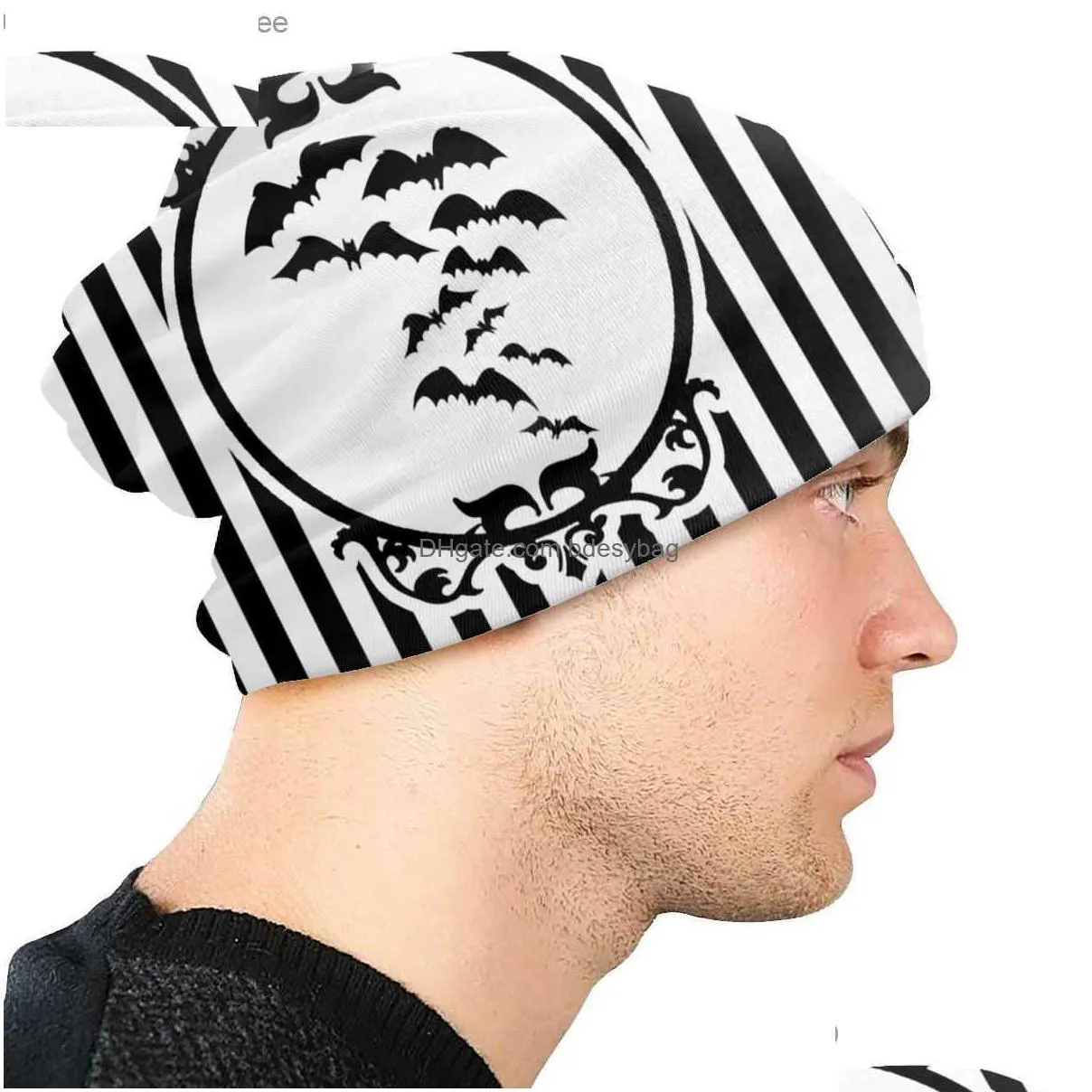 stripes and bat lazy beanie unisex cool winter warm skullies beanies hat adult gothic mysterious witch halloween knitted hat z230809