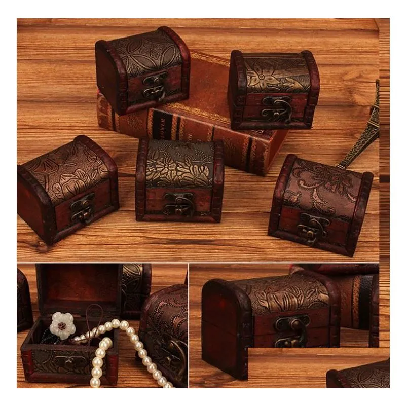 200pcs/lot small vintage trinket boxes wooden jewelry storage box treasure chest jewelry case home craft decor randomly pattern 