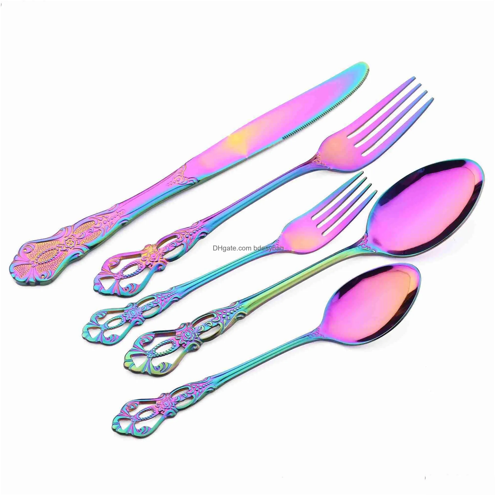 6/30pcs royal colorful dinnerware set knife dessert fork spoon cutlery set stainless steel silverware kitchen tableware flatware