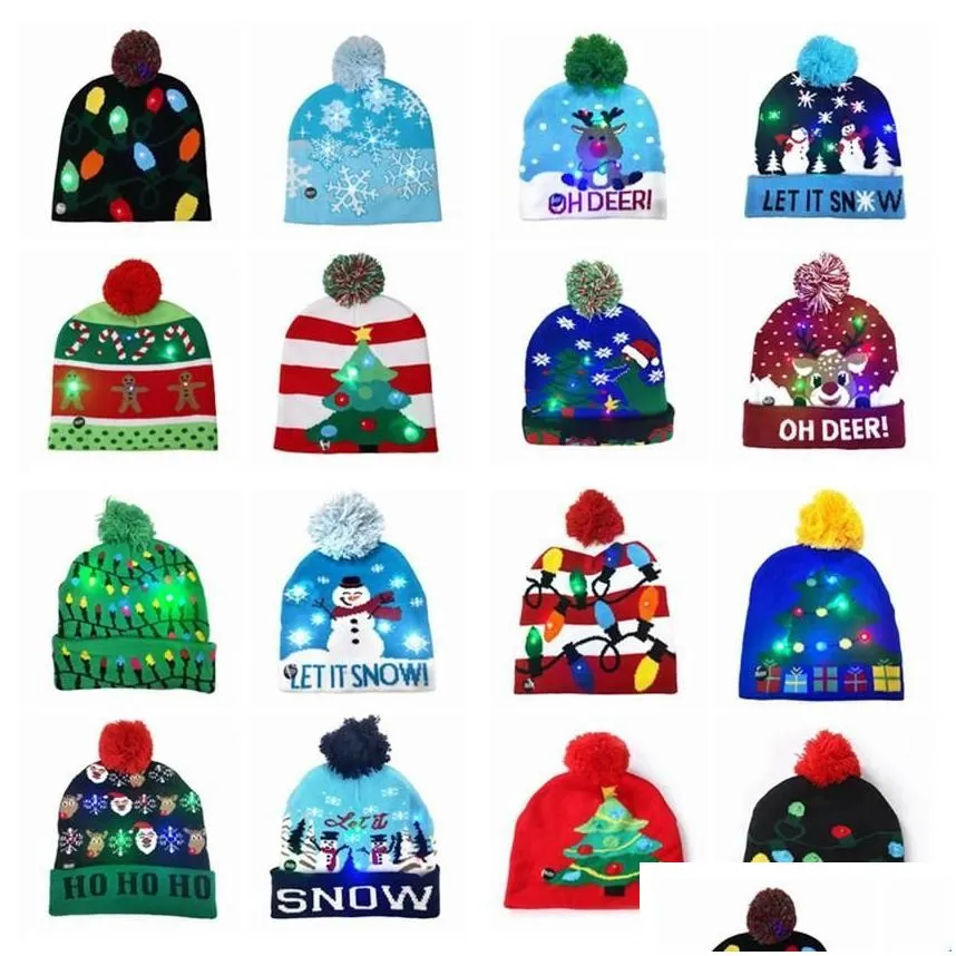 16 style led christmas halloween knitted hats beanies kids baby mom 20x21cm winter warm beanies pumpkin snowmen cloghet caps m10