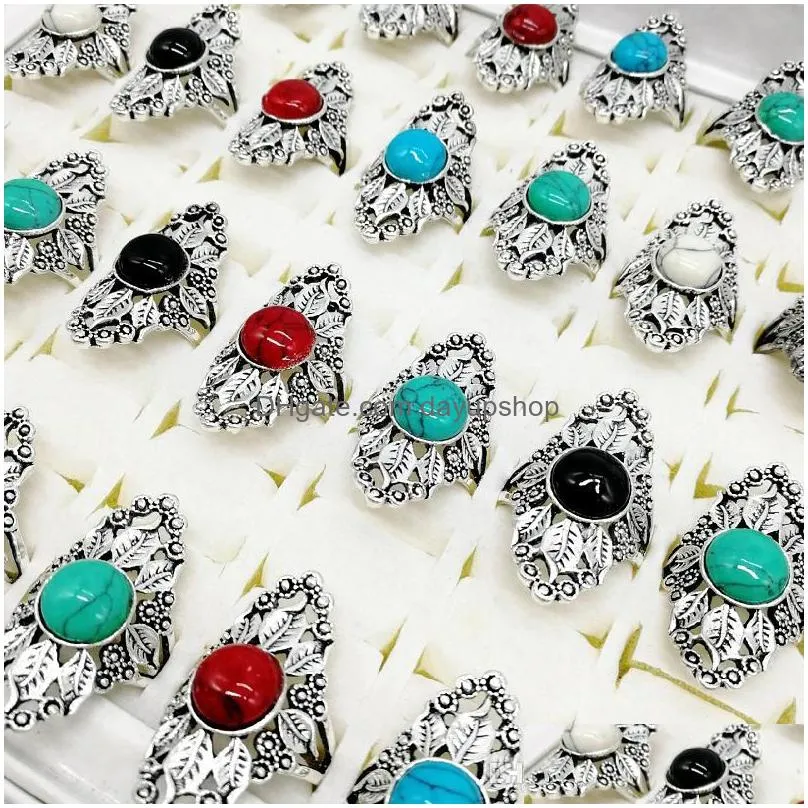 fashion 100pieces/lot turquoise ring mix style large size antique silver punk diy vintage jewelry fit womens men gifts