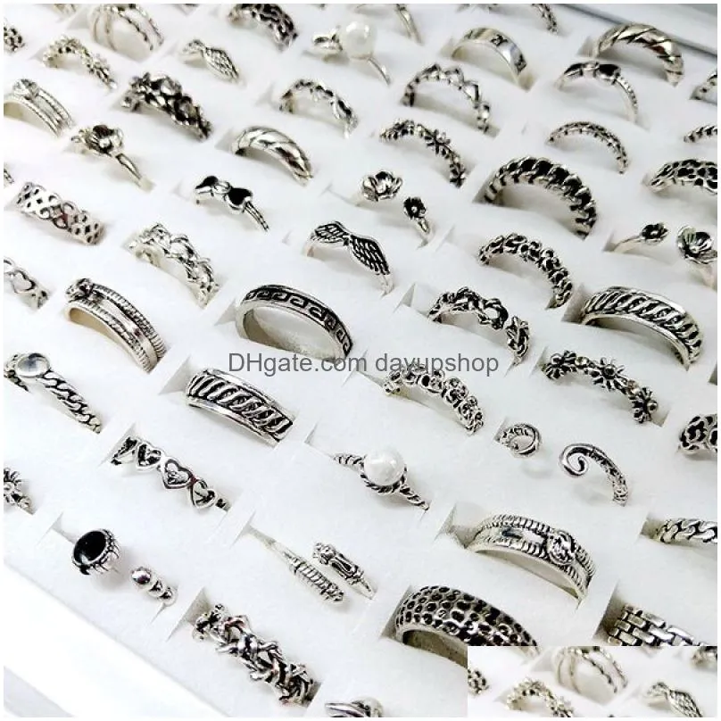 fashion mix style 50pcs/lot metal ring adjustable opening antique silver alloy band fit men wedding jewelry gift