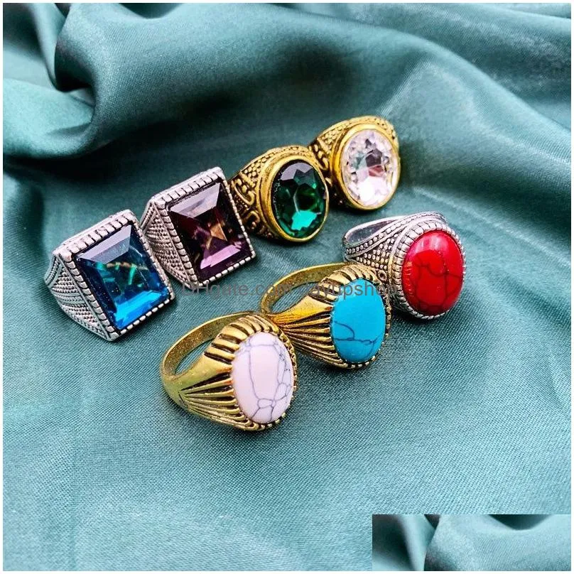 fashion 30pcs/set gem pinestone turquoise band rings metal big glass crystal retro bohemia style mix silver gold men and women jewelry