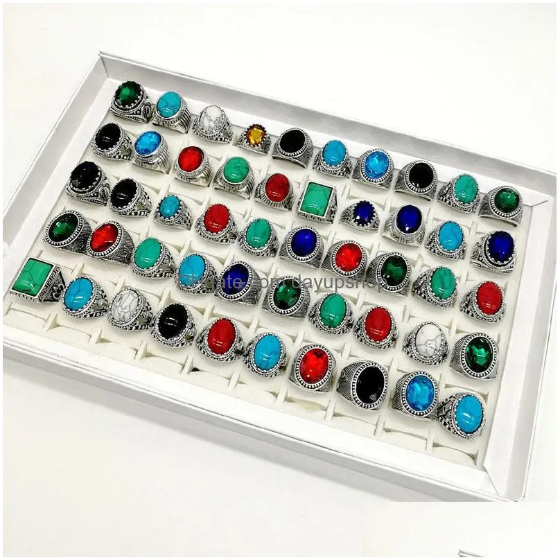 new 30pcs/pack turquoise band rings mens womens fashion jewelry antique silver vintage natural stone ring party gifts