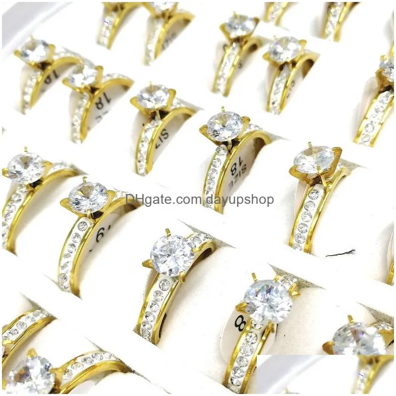 10pcs/lot stainless steel band ring big zircon crystal rhinestone women size 6 to 11 wedding gift jewelry