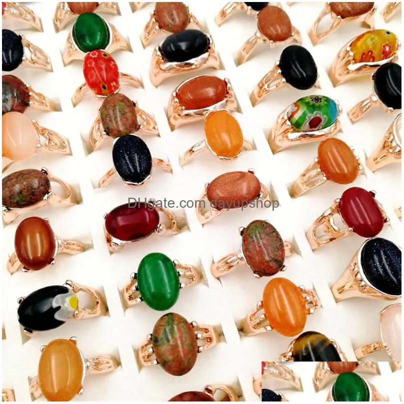 newest 30 pieces/lot natural gemstone band rings crystal bohemia mix style rose gold designs for womens and men fashion party charm jewelry