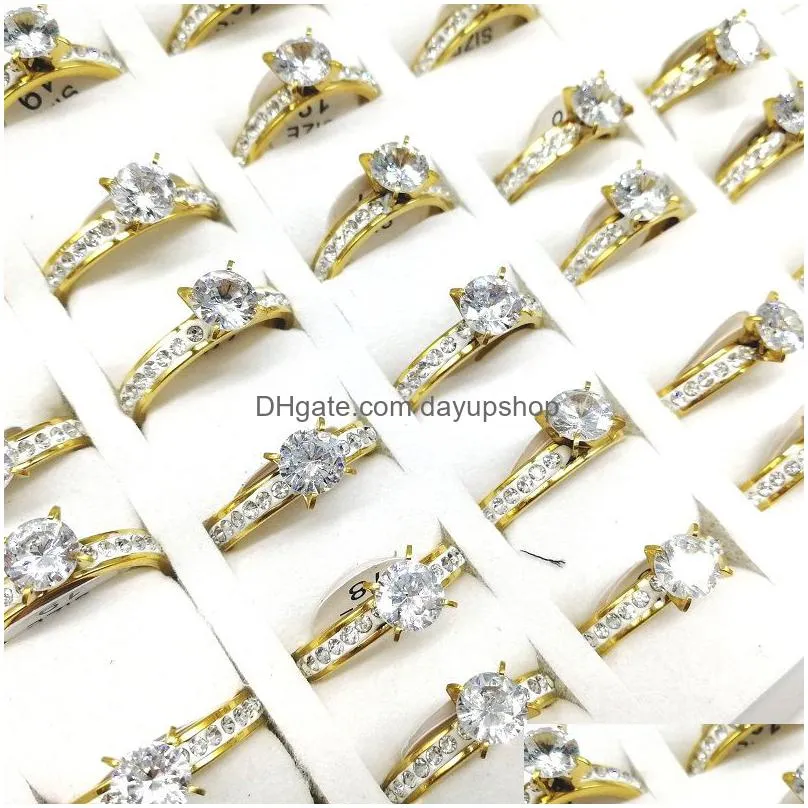 10pcs/lot stainless steel band ring big zircon crystal rhinestone women size 6 to 11 wedding gift jewelry
