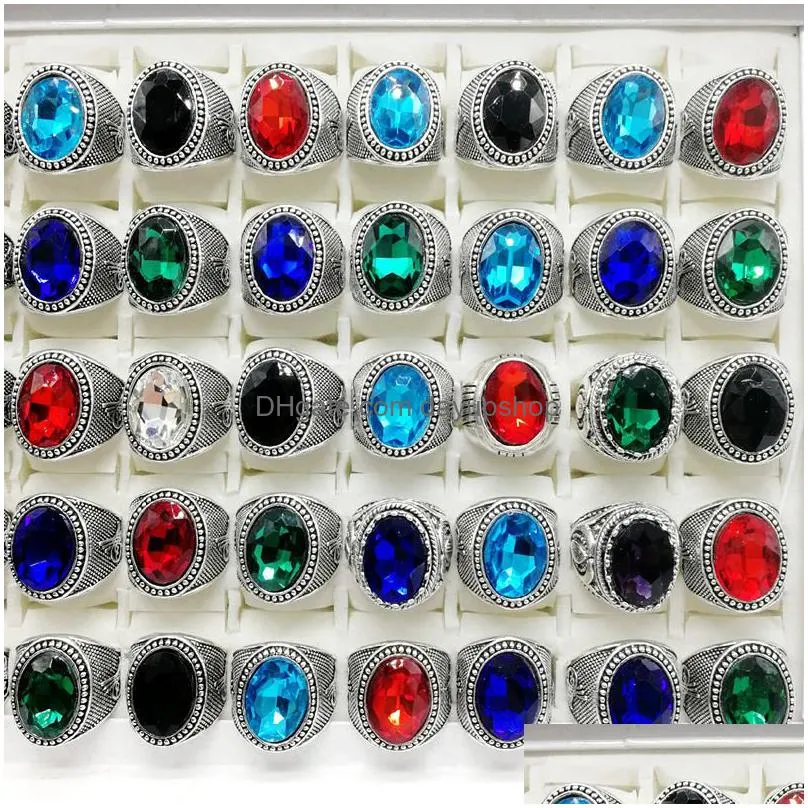 new 30 pieces/lot mix style crystal band ring antique silver acrylic jewelry fit womens men gifts