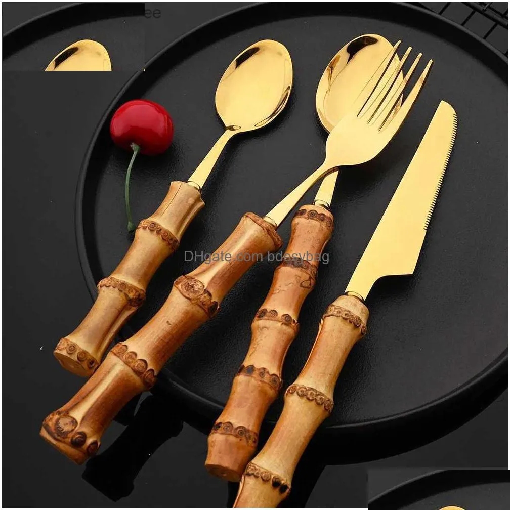 top quality creative natural bamboo handle stainless steel steak knife fork spoon dinnerware dining tableware cutlery rack set q230828
