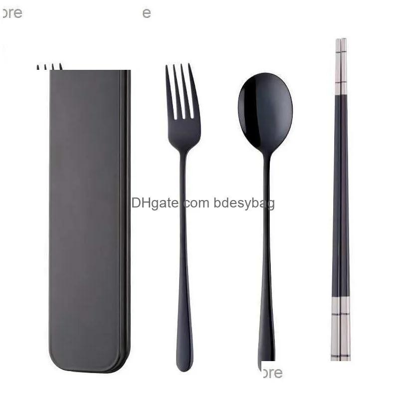 4pcs western stainless steel dinner tableware set new cutlery chopsticks spoon fork dinnerware set with box for kid school q230829