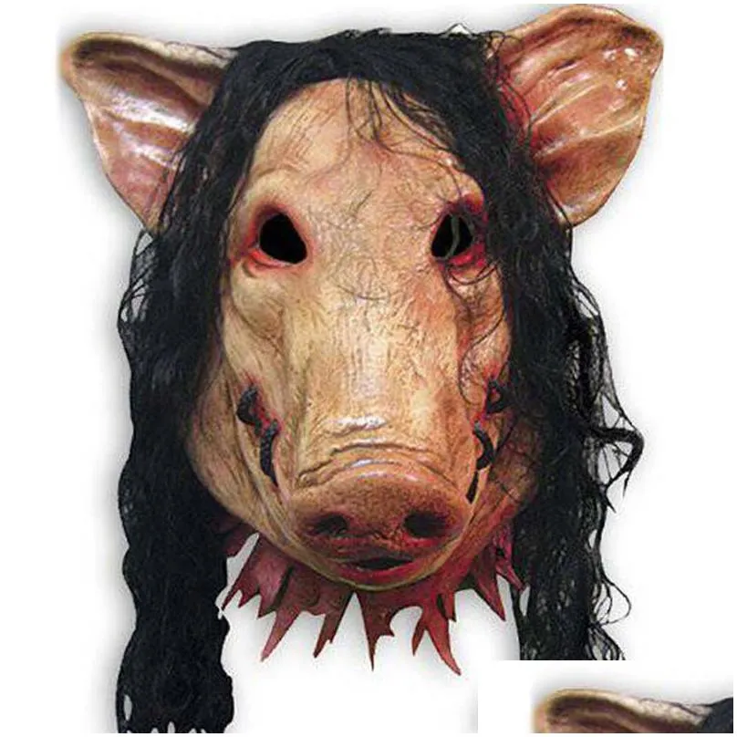 halloween scary mask novelty pig head horror with hair animal masks caveira cosplay costume realistic latex festival supplies
