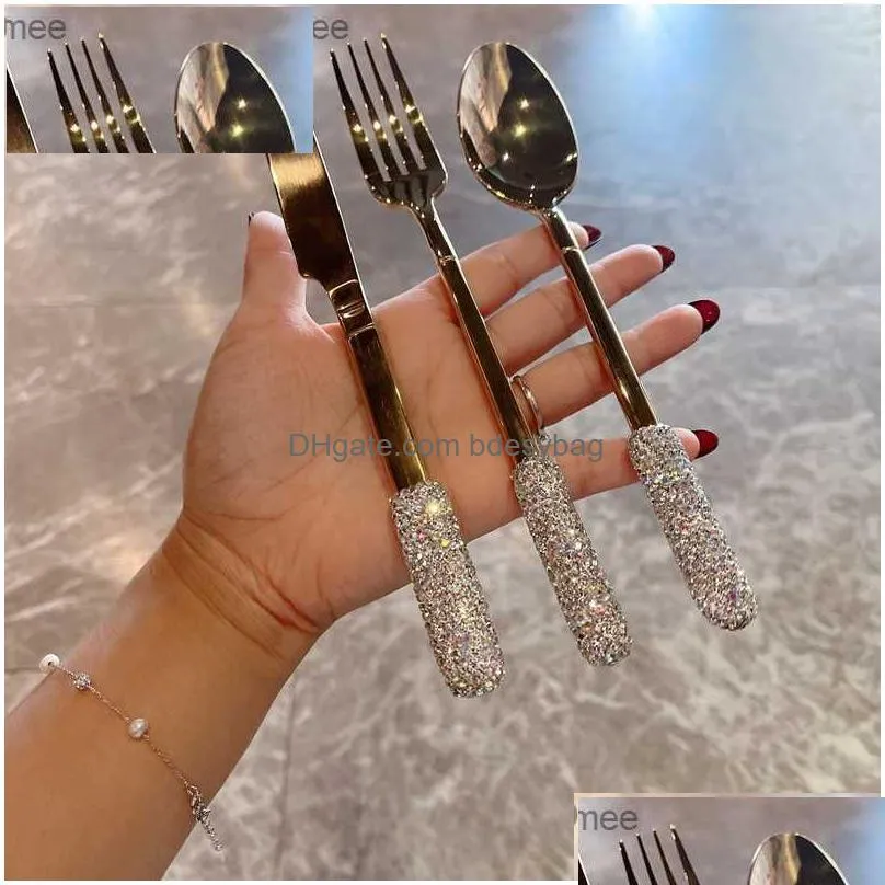 luxury diamond cutlery stainless steel fork spoon knife gold silver silverware tableware home kitchen dinnerware wedding supply