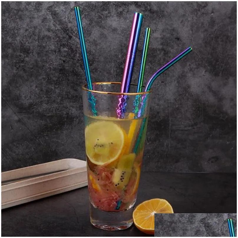 6pcsset reusable drinking straws stainless steel straw with cleaner brush straight bent drinking straws with box bar accessory