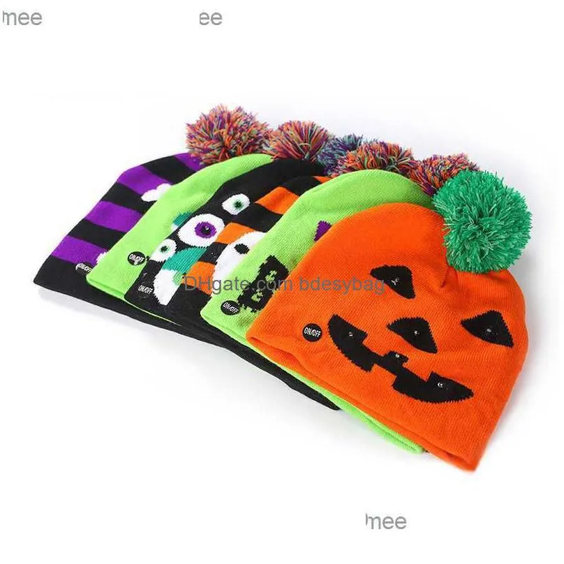 halloween hat sweater santa claus elk knitted bean hat with led light cartoon pattern christmas gift suitable for children`s new year supplies