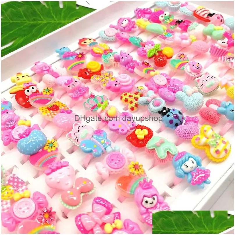 new 100 pcs/lot childrens cartoon band rings jewelry heart shape animals flower assorted baby girl ring gifts