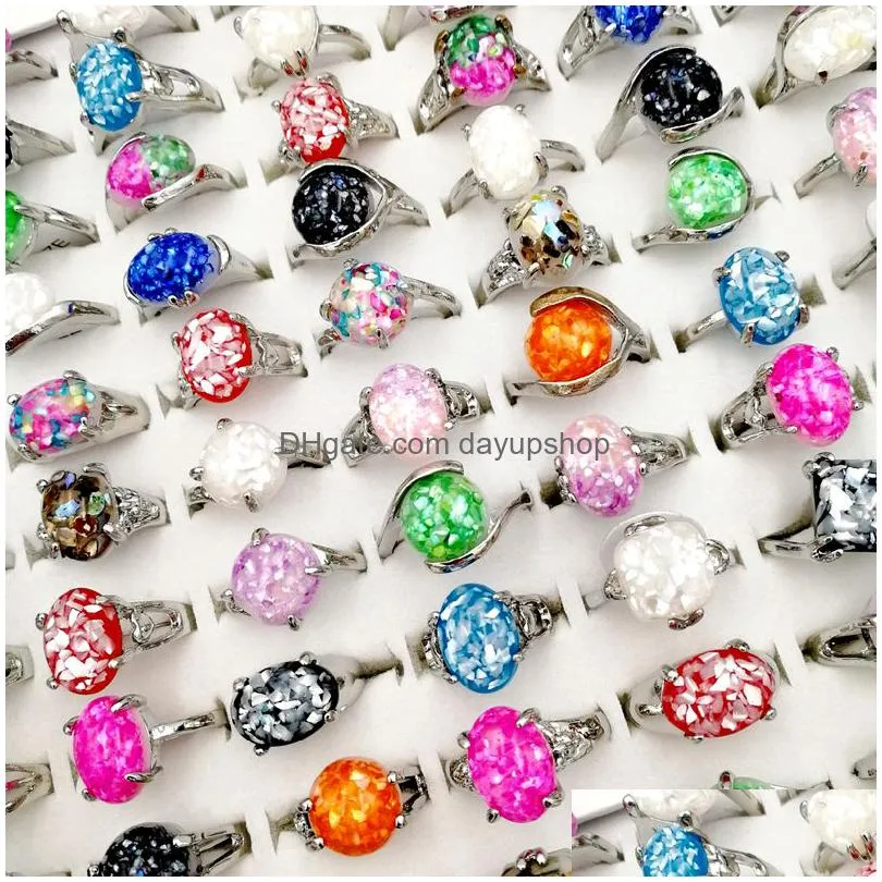 fashion 30pcs/lot 100% natural gemstone band ring vintage silver shell broken metal finger rings fit women and men charm jewelry party