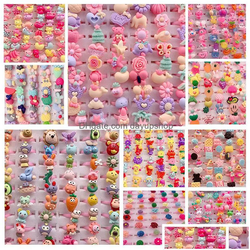 new 100 pcs/lot childrens cartoon band rings jewelry heart shape animals flower assorted baby girl ring gifts