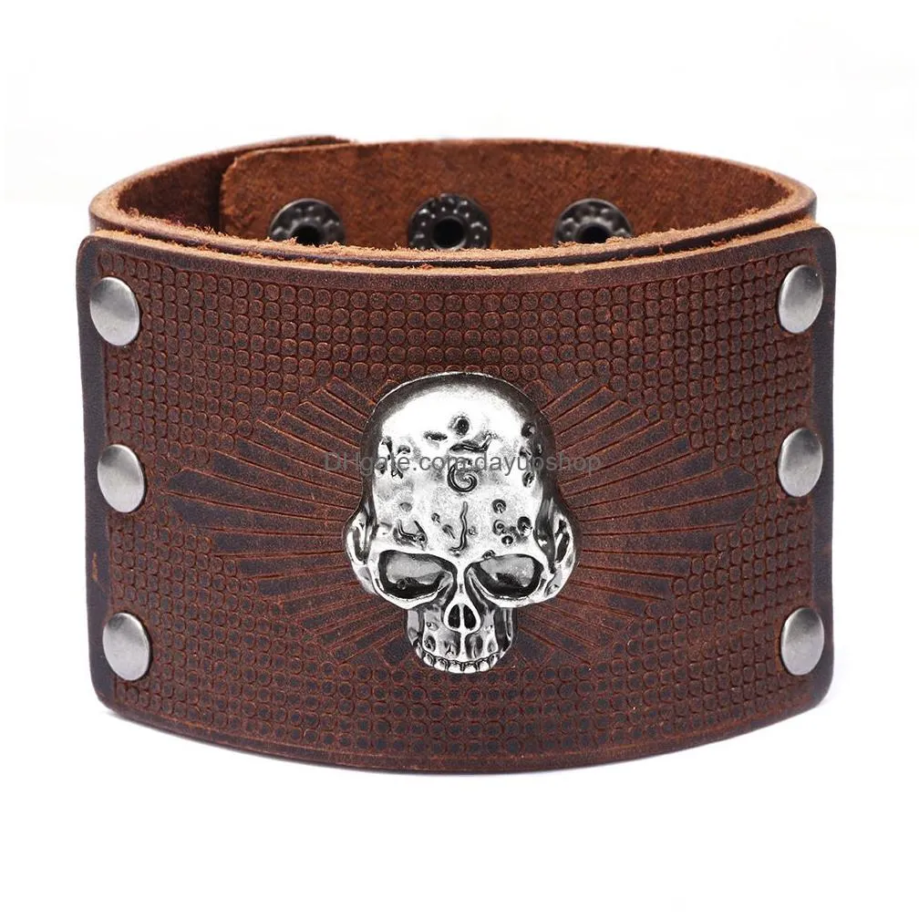 steampunk style skull charm leather cuff bracelets for men gift