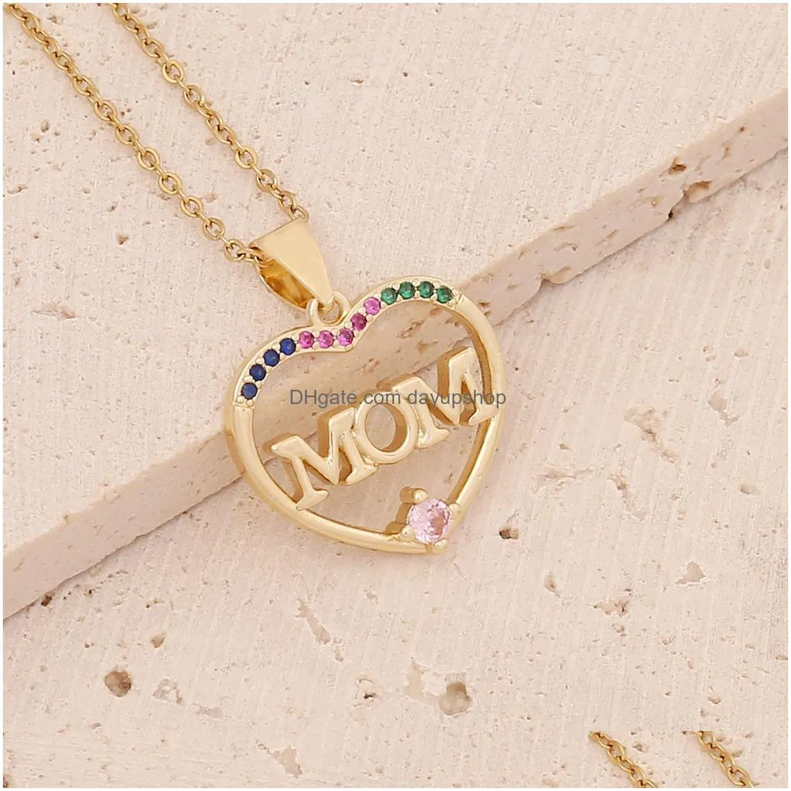 18k gold micro pave heart mom pendant necklace for women mother gift