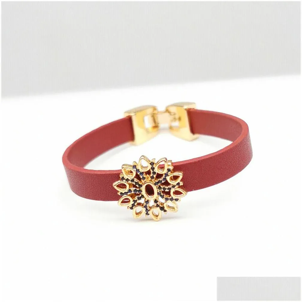 promation fashion jewelry bracelets flower lucky charms pu leather bangle 2pcs a lot ready stock