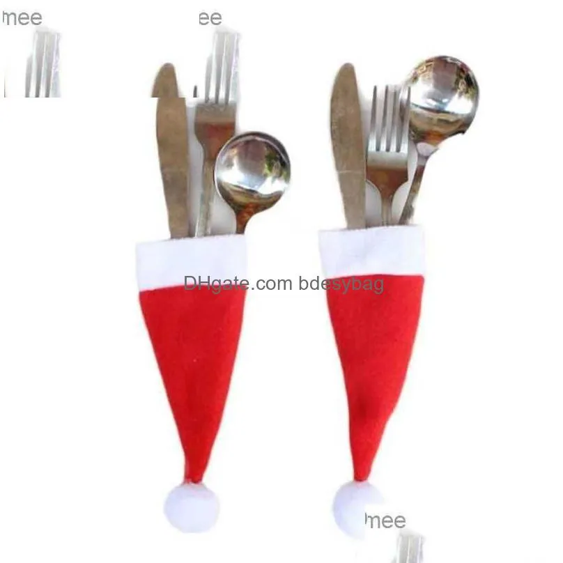 10 pieces/set christmas hat holder red santa claus cutlery bag party decoration z230809