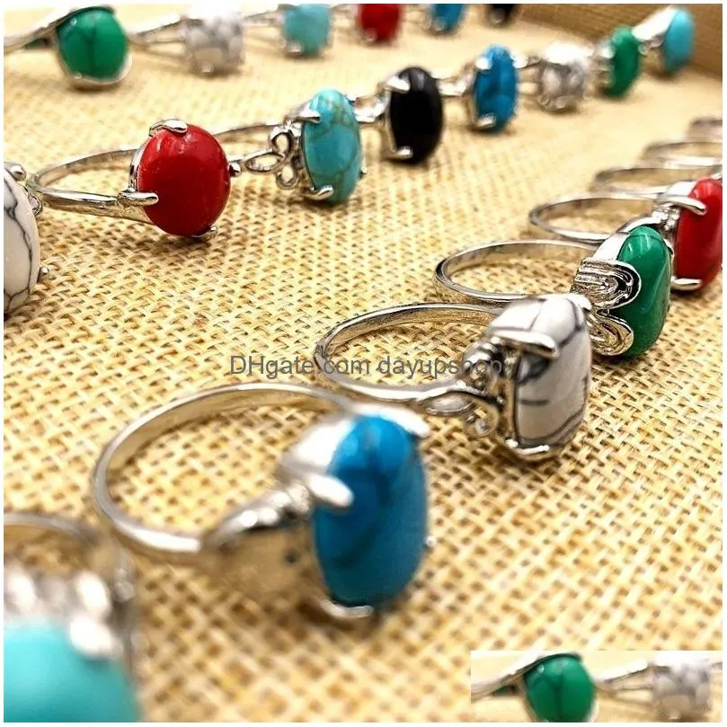 fashion 30 pcs/lot patterned turquoise gem pinestone band rings bohemian style mixed silvery lovers women and men retro wedding jewelry