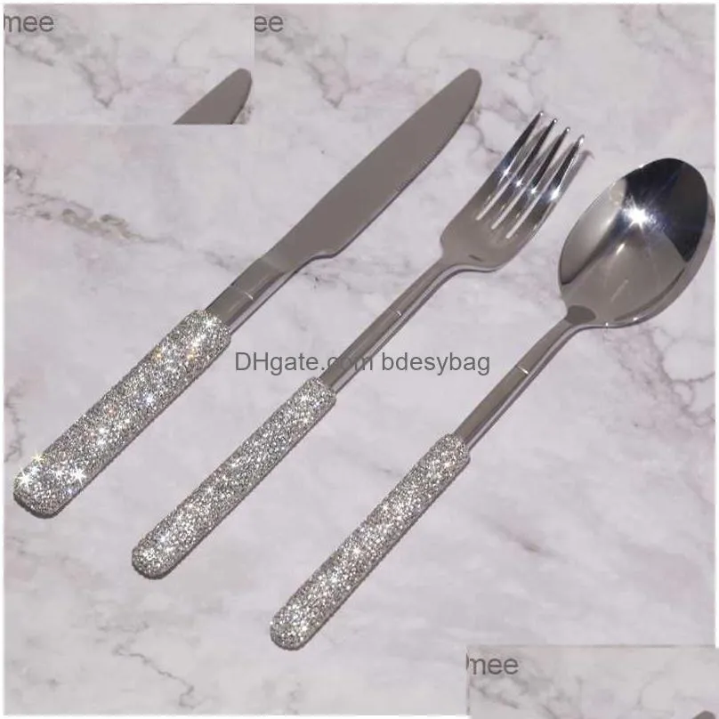 luxury diamond cutlery stainless steel fork spoon knife gold silver silverware tableware home kitchen dinnerware wedding supply