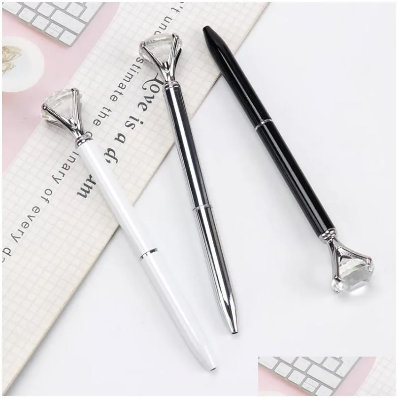 wholesale 1PC Big Diamond Crystal Pen Gem Ballpoint Pen Ring Wedding Office Metal Ring Roller Ball Black Rose Gold Silver Pink