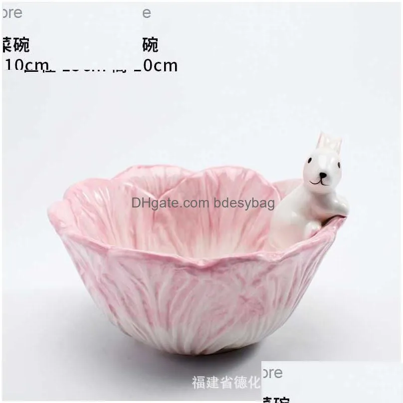 children`s cute cartoon animal hand drawn ceramic tableware fruit salad dessert rabbit cabbage bowl bone china dinnerware sets q230828