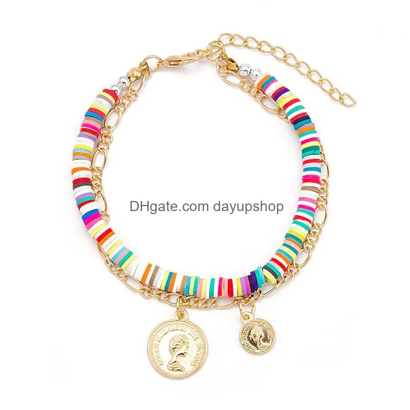 double layered evil eye pearl charm polymer clay heishi beads bracelets summer beach style jewelry