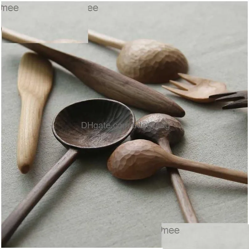 wood dinnerware set cutlery spoon fork buttler knife eco friendly table set black walnut/cherry wood spoon and fork q230828
