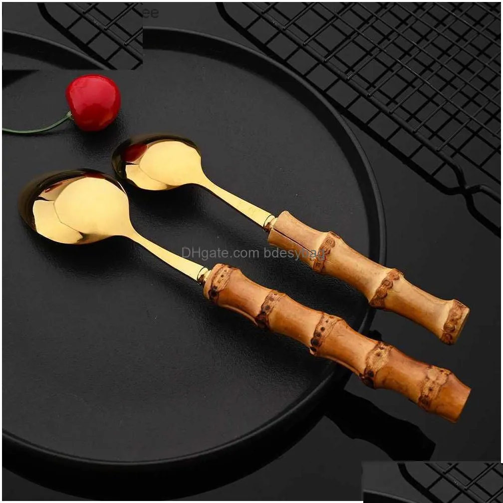 top quality creative natural bamboo handle stainless steel steak knife fork spoon dinnerware dining tableware cutlery rack set q230828