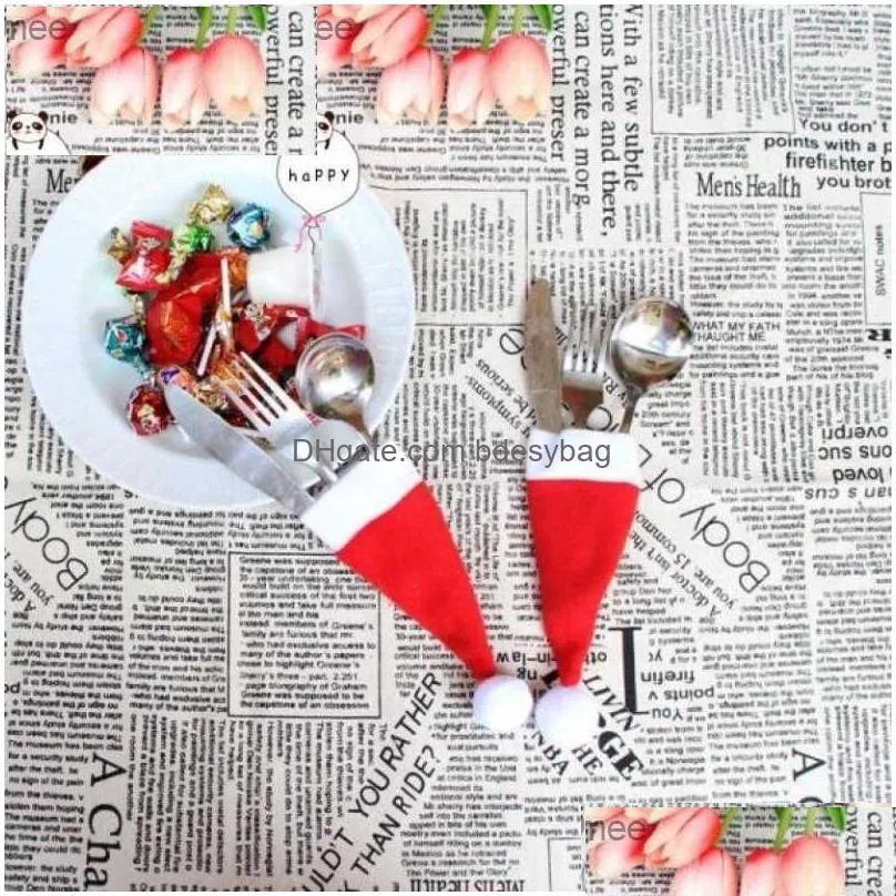 10 pieces/set christmas hat holder red santa claus cutlery bag party decoration z230809