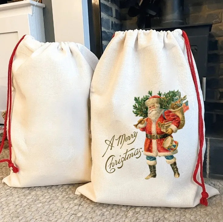 Christmas Gifts Sack Bags 100% polyester canvas blank sublimation bulk santa sack with Red drawstring for Oversized Gift Storage