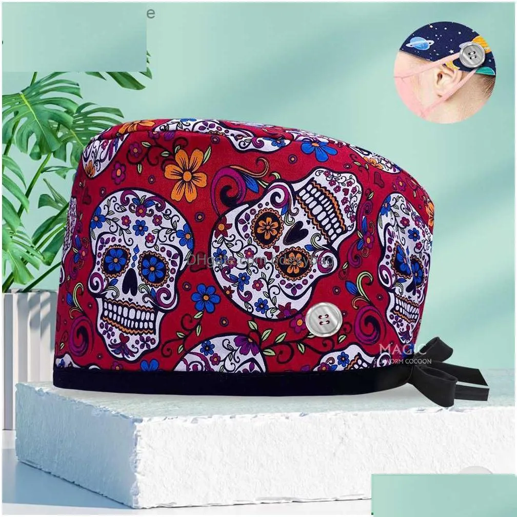 100% pure cotton skeleton printed halloween nurse hat doctor`s surgical dental hat kitchen laboratory work hat beauty salon frosted hat