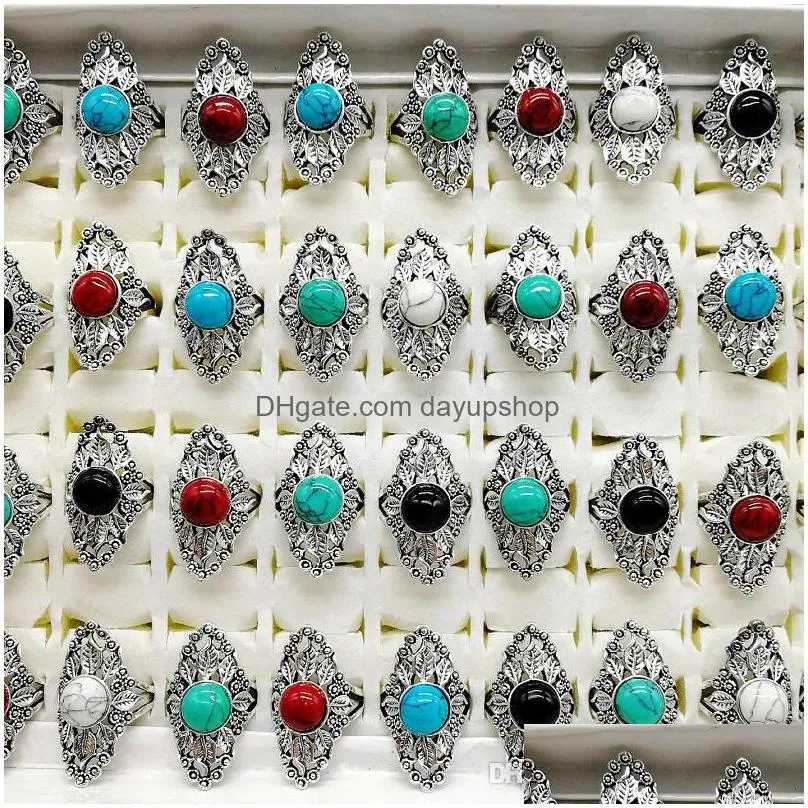 fashion 100pieces/lot turquoise ring mix style large size antique silver punk diy vintage jewelry fit womens men gifts